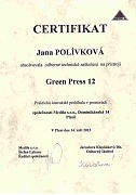 Certifikát Green Press 12 Jana Polívková 2012